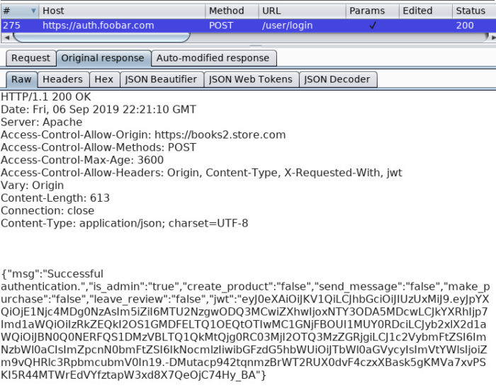 Using Burp's Cookie Jar for JWTs - Response from Auth API