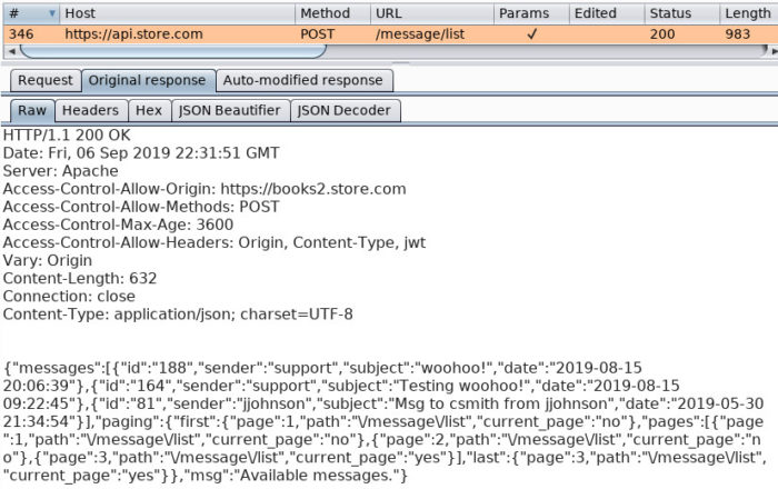 Using Burp's Cookie Jar for JWTs - Response from Store API