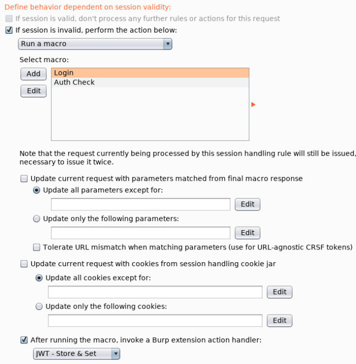 Using Burp's Cookie Jar for JWTs - Session Check settings for JWT Store & Set Extension