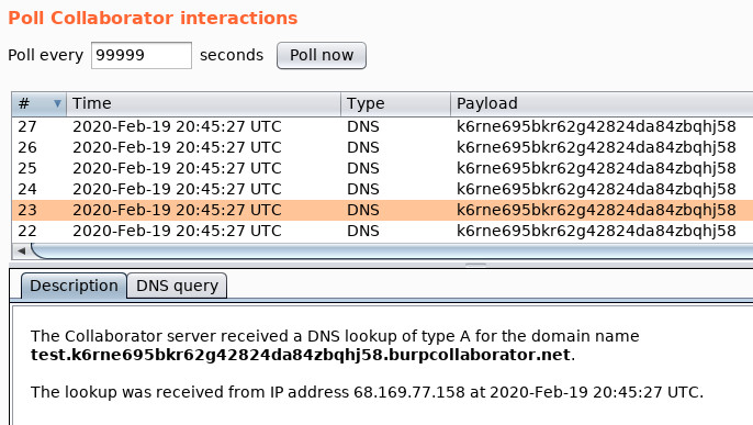 DNS Exfiltration thru Blind SQL Injection in a MS-SQL Environment - Burp Collaborator Output