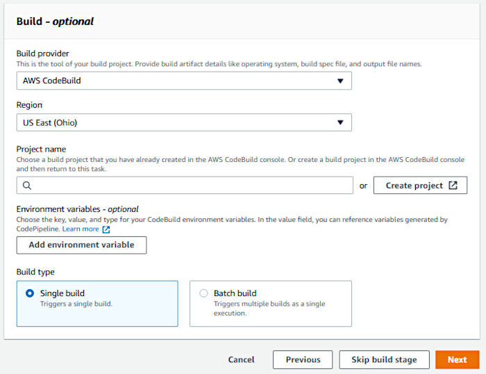 Using CodePipeline again with Elastic Container Service - Build Project Wizard